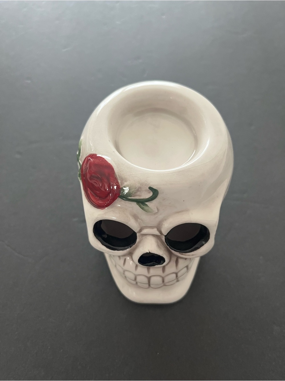 White Ceramic Skull Candle Holder with Red Rose Accent